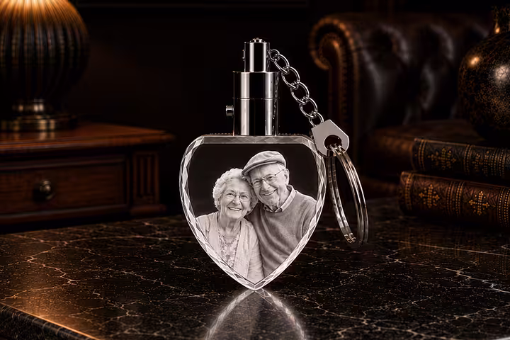 Personalized 2D heart crystal photo keychain featuring a custom portrait of a smiling elderly couple.