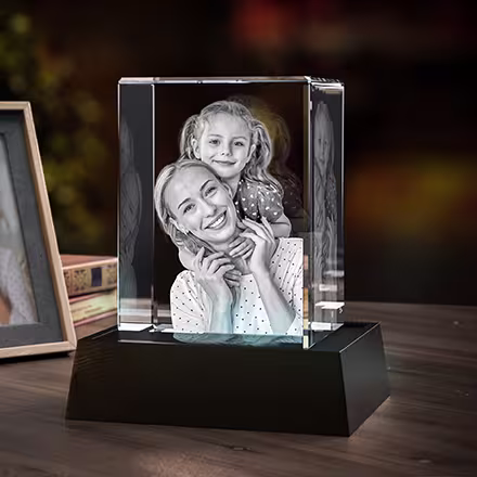 Custom Tall Rectangle 3D Photo Crystal featuring a lifelike laser-engraved mother and daughter portrait on an LED light base.